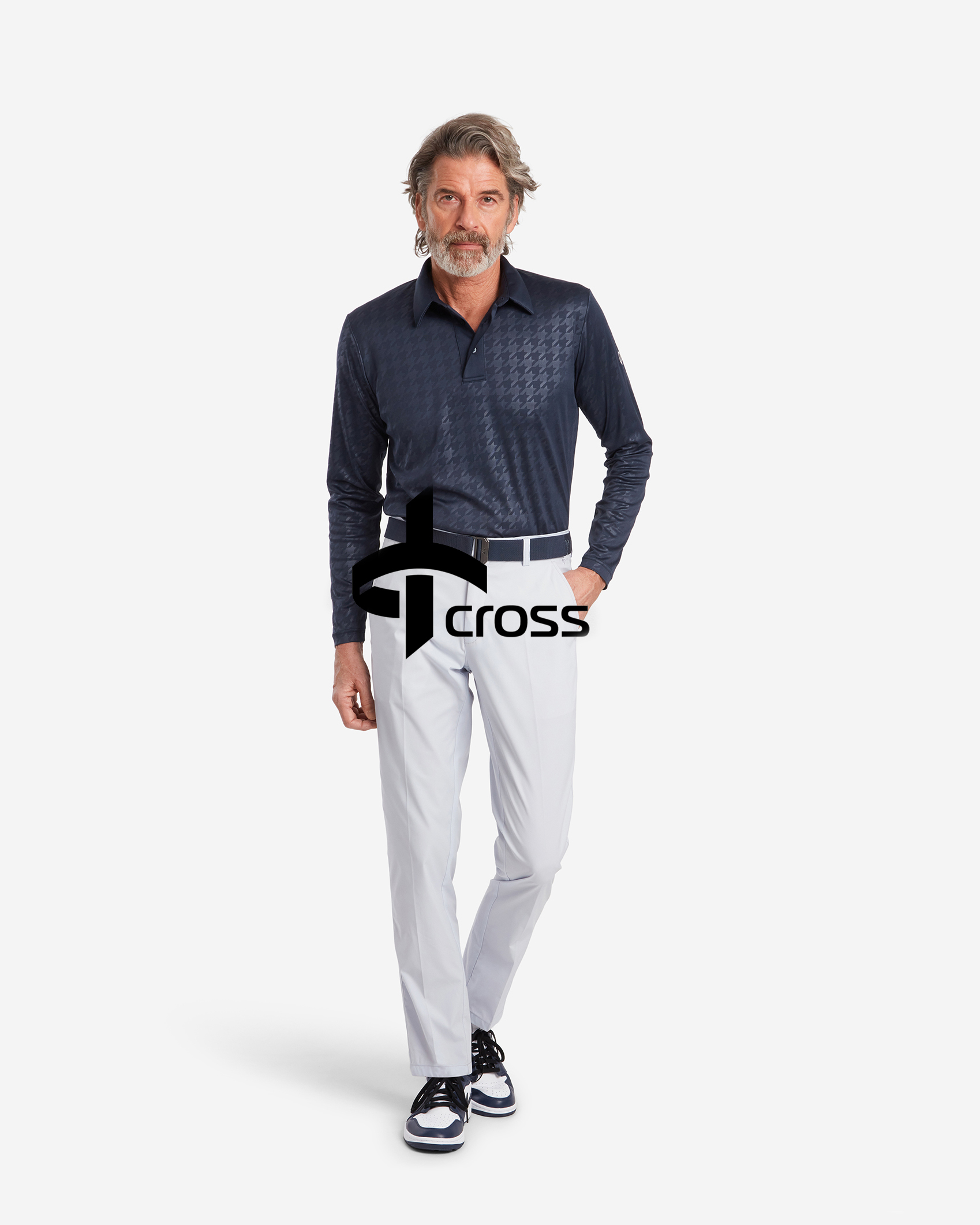 produktfoto golfkläder herr cross piké byxor vit bakgrund modefotografering
